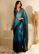 Imported Sea Blue Party Wear Lace Work Ready To Wear Saree